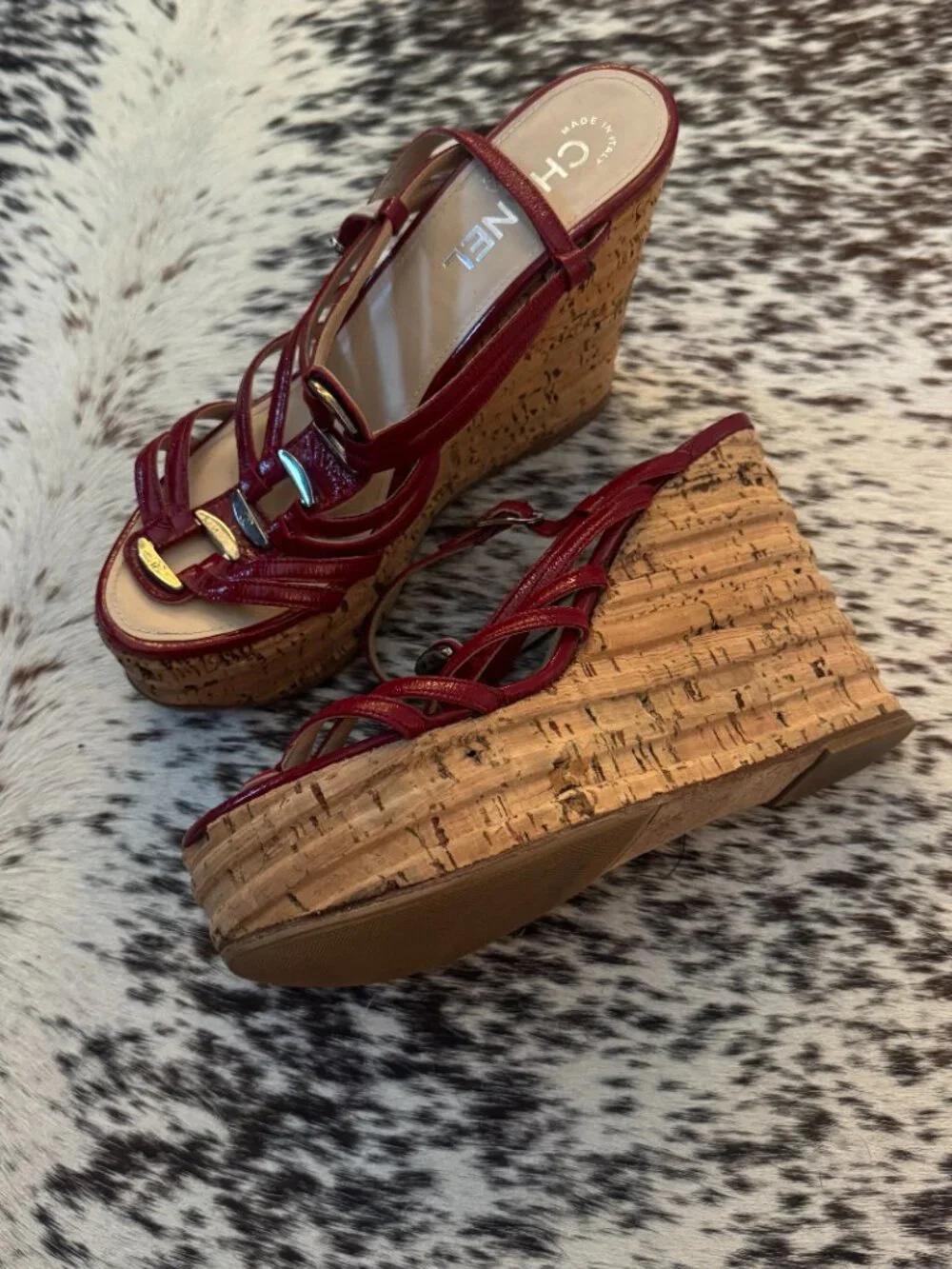 Chanel Red Patent Leather Cork Platform Wedge Gladiator Sandals 37